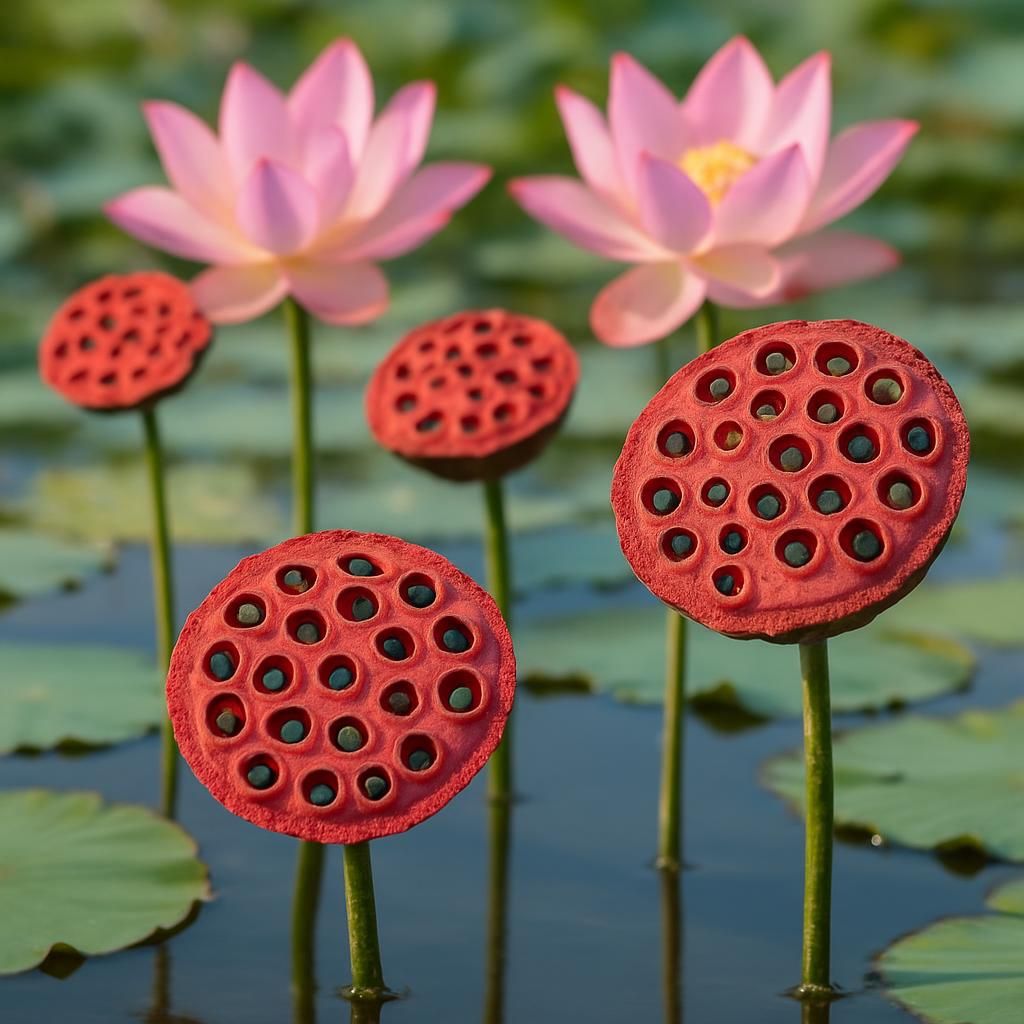 Close-up of red lotus seed pods and pink blooms on a serene pond for Lotus Seed (Red) growing guide