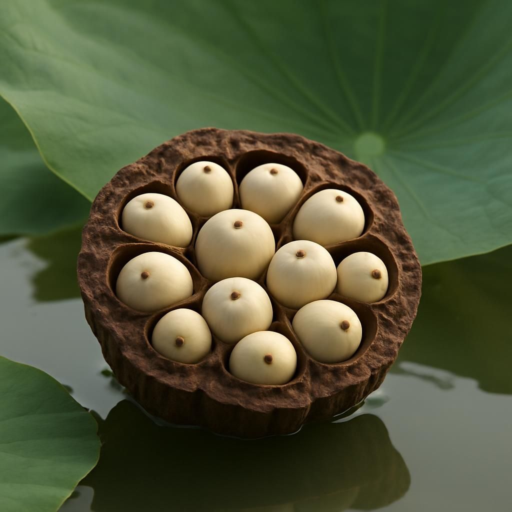Close-up of white lotus seeds in dried pod on water with green leaves, professional agricultural photography
