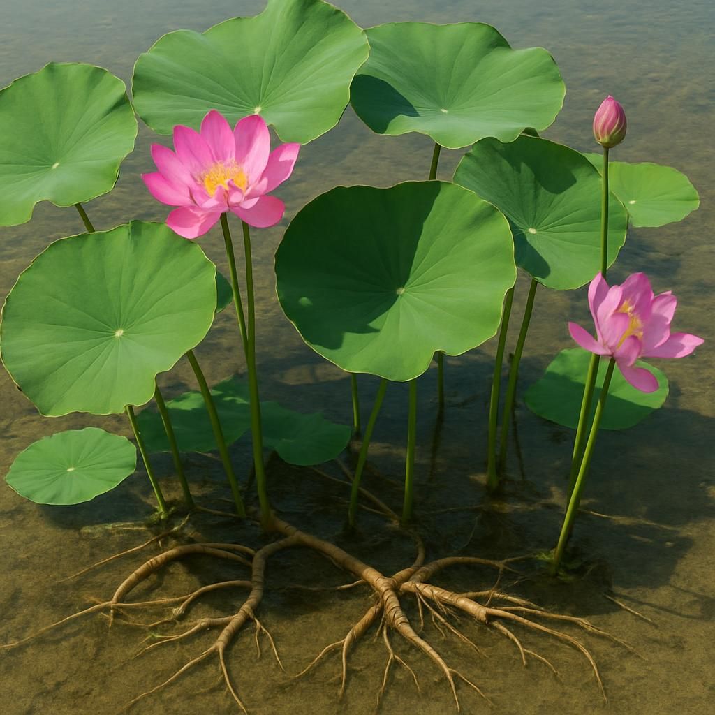 Close-up of lotus plants showing leaves, flowers, and rhizomes in shallow water for commercial growing guide