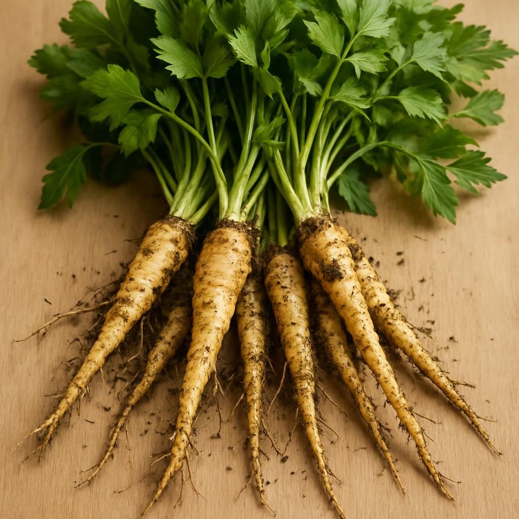Close-up of freshly dug lovage roots with green leaves on wooden table