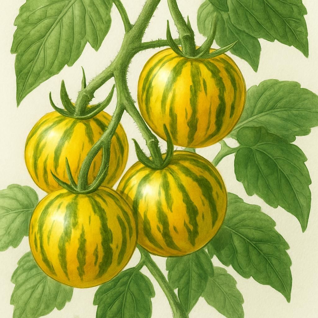 Ripe Lucky Tiger striped cherry tomatoes growing on healthy vine