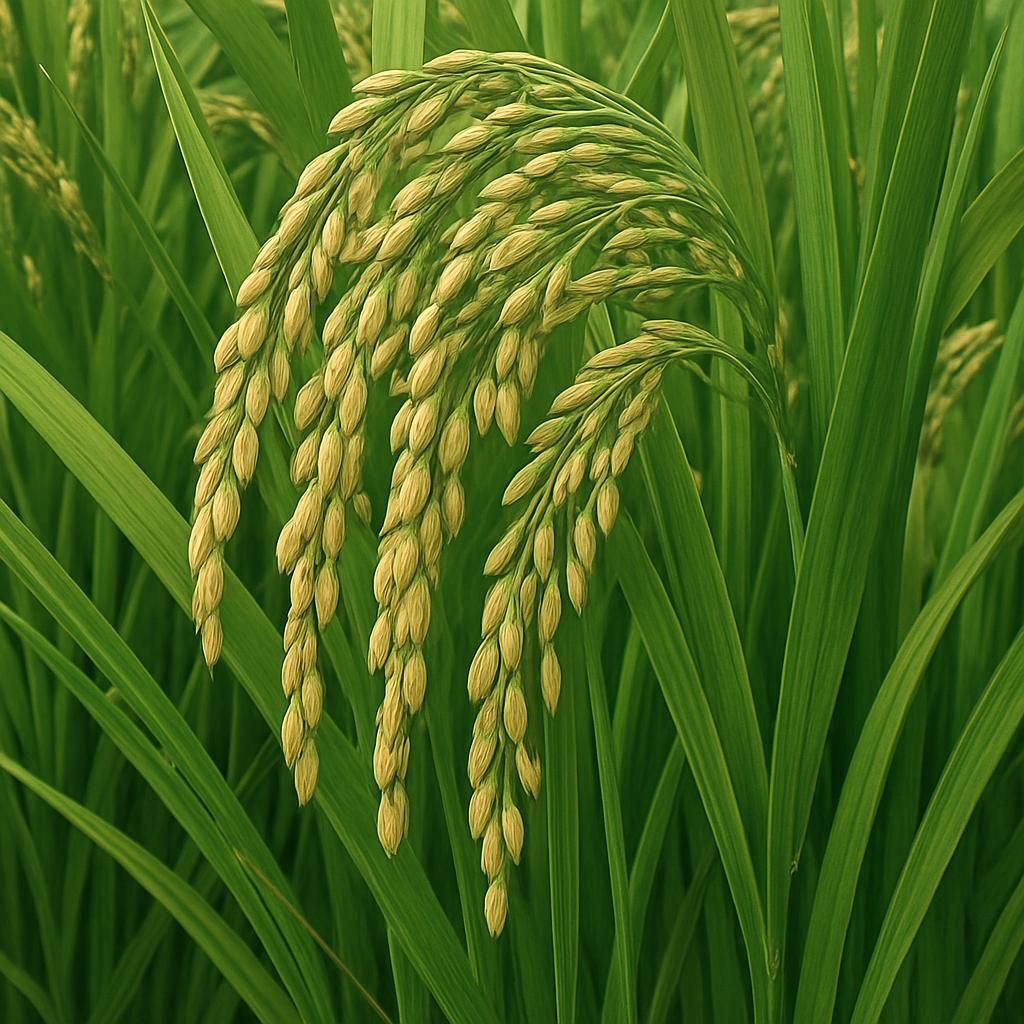 Close-up of M-202 Rice plants in a paddy with visible grains and green leaves.