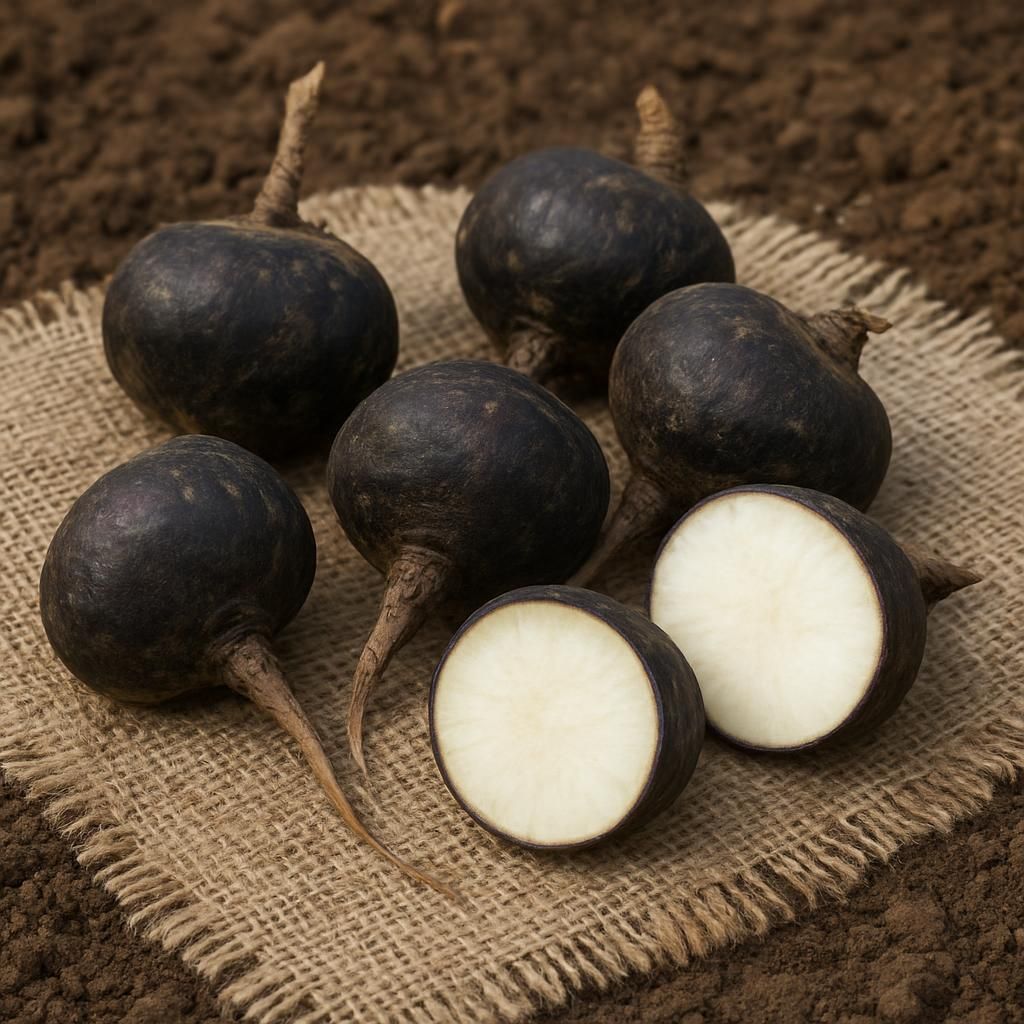 Close-up of freshly harvested black maca roots on burlap in Andean highland setting