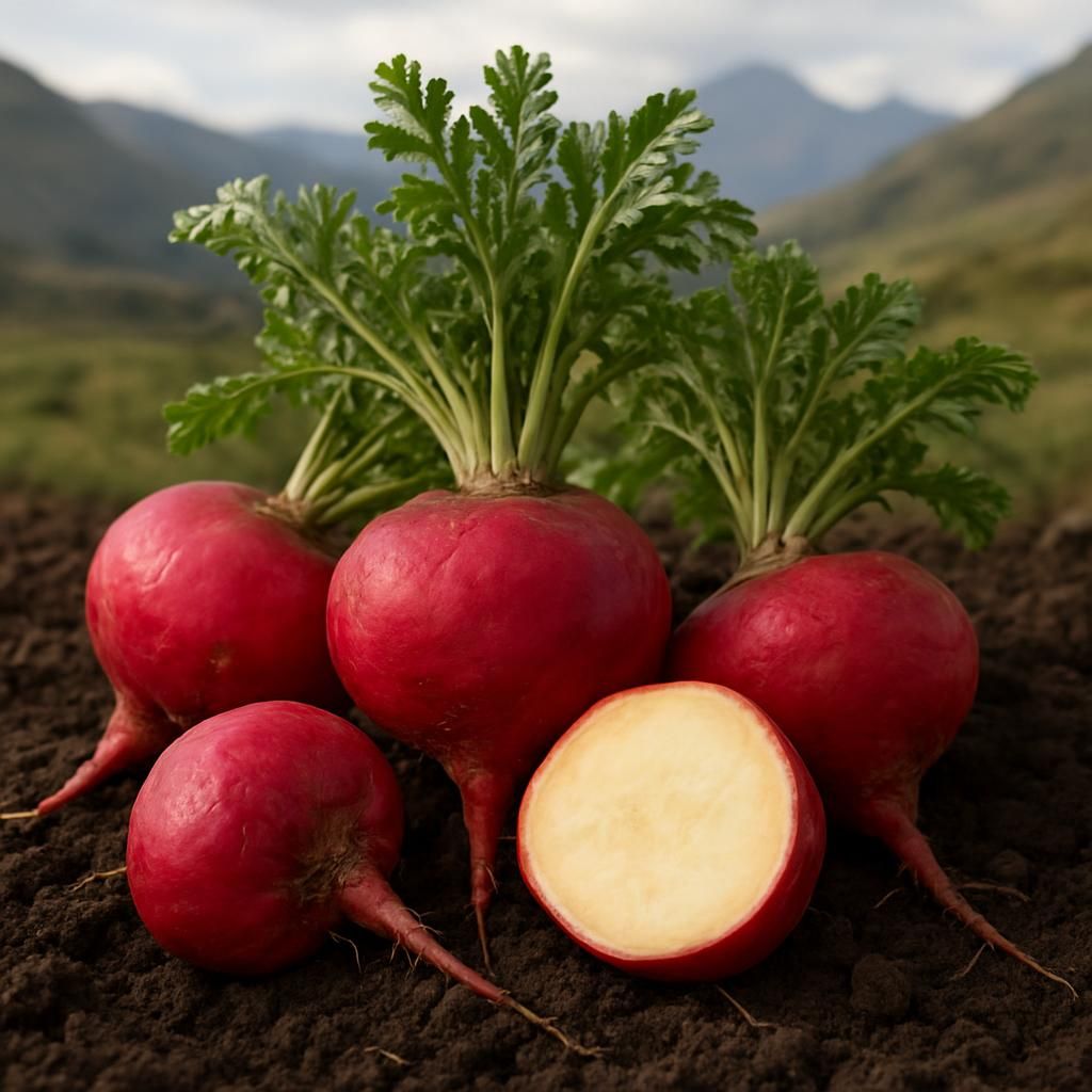 Freshly harvested red maca roots displaying deep crimson color and healthy texture on highland soil