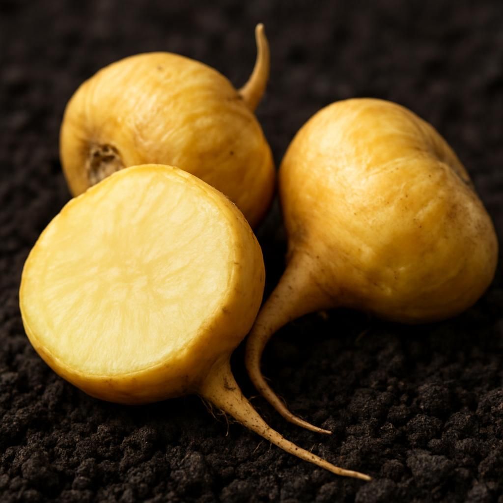 Fresh yellow maca roots on volcanic soil showing creamy interior and textured skin