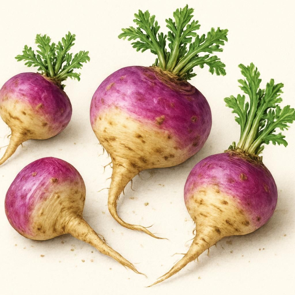 Freshly harvested purple and cream maca roots on clean background
