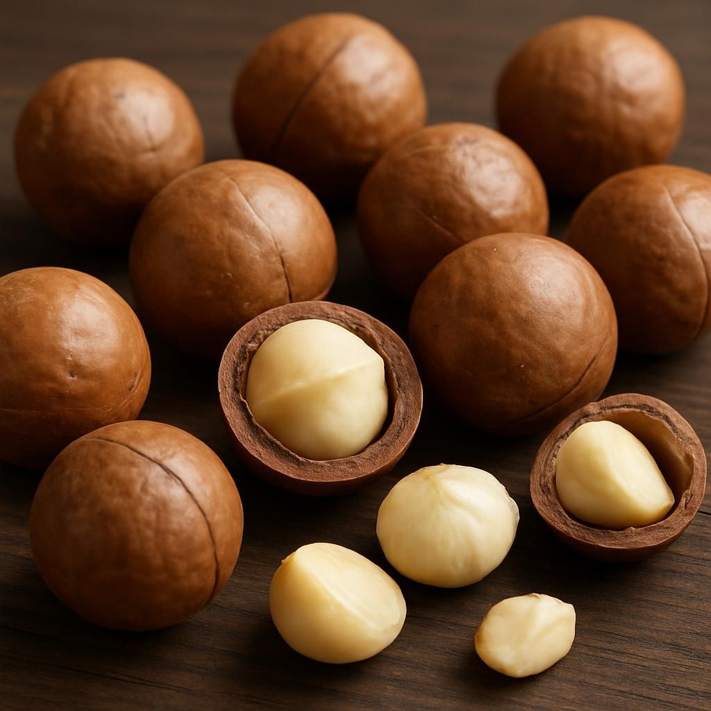 Close-up of thin-shelled Arkin Papershell macadamia nuts and kernels on wood