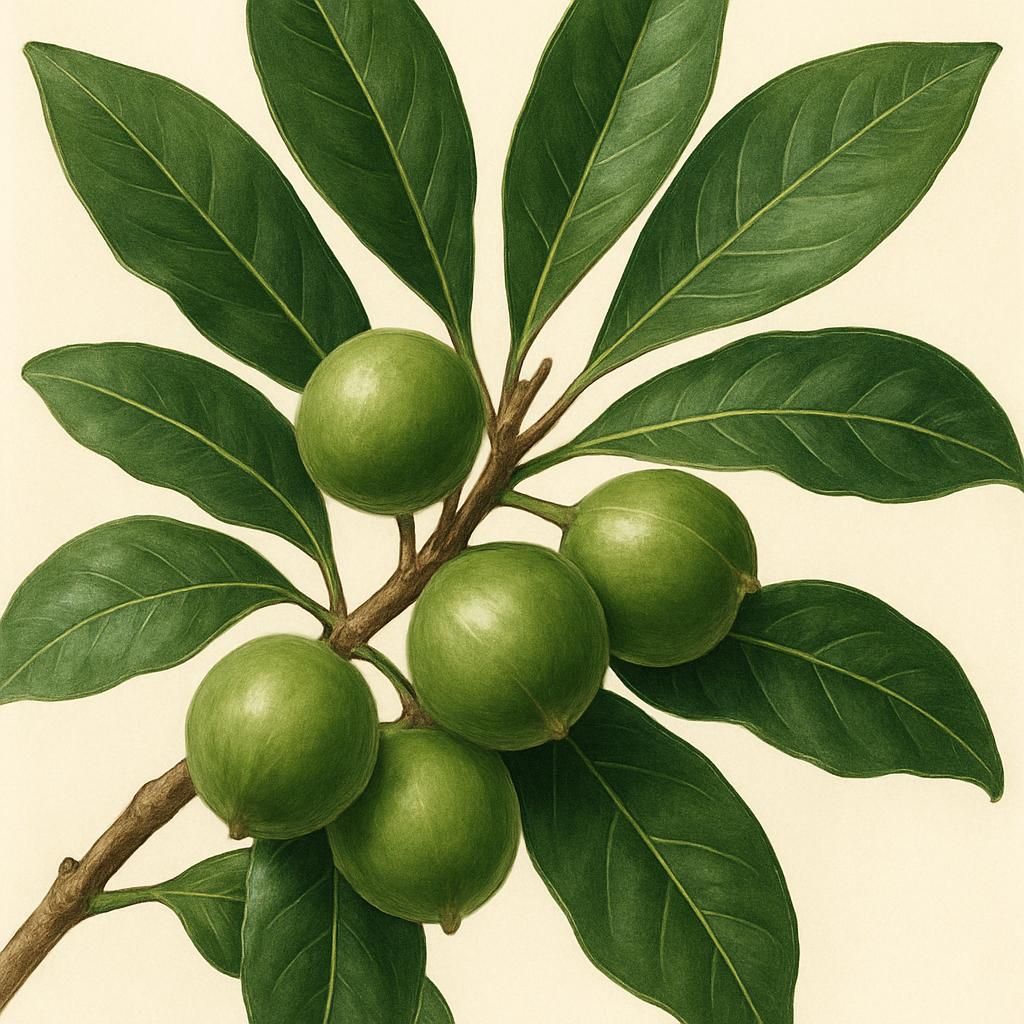Close-up of healthy Macadamia (Beaumont) tree showing dark leaves and ripe round nuts ready for harvest