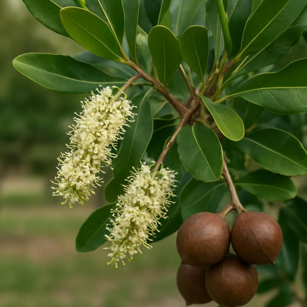 Close-up of Macadamia (Cate) tree showing glossy leaves, white flowers, and nuts in brown shells