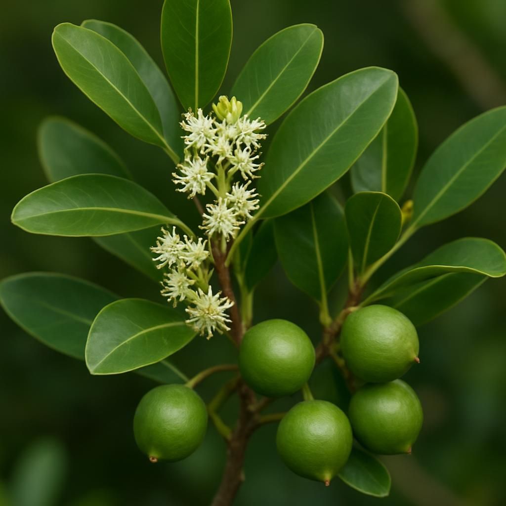Close-up of Dwarf Macadamia branch showing glossy leaves, white flowers, and developing nuts