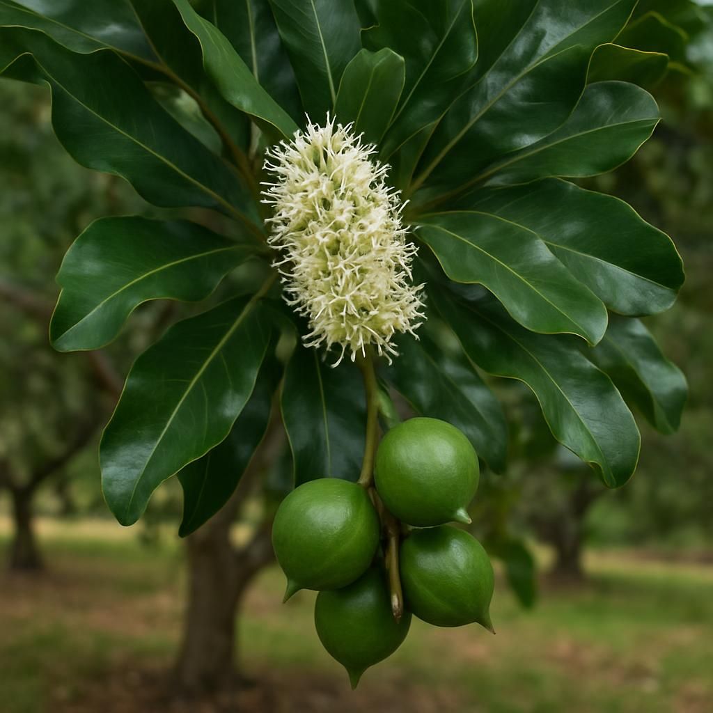 Close-up of Macadamia (Mauka) tree showing glossy leaves, white flowers and developing nuts in subtropical orchard