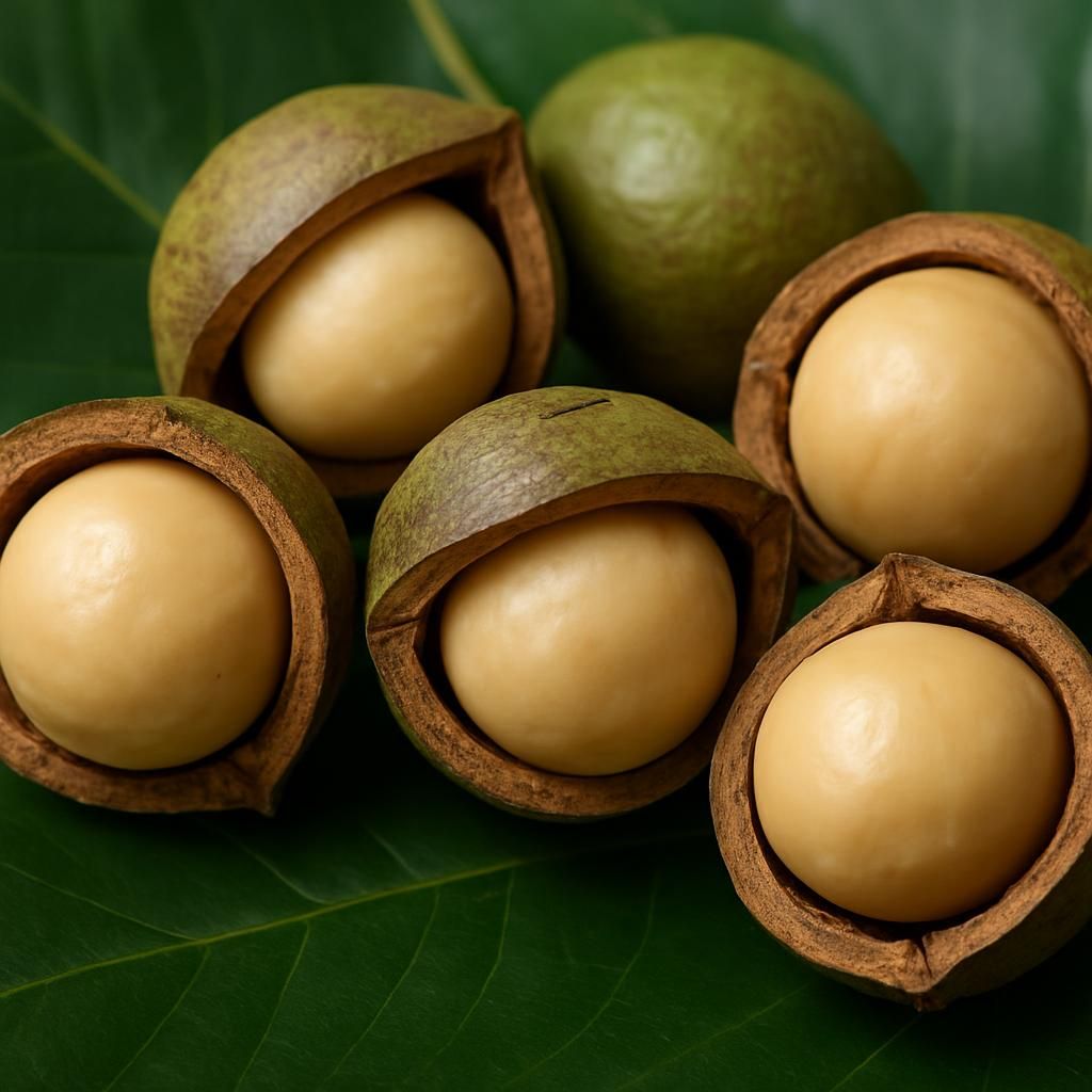 Close-up of Macadamia (Pahala) nuts in split husks on dark green leaves for professional growing guide