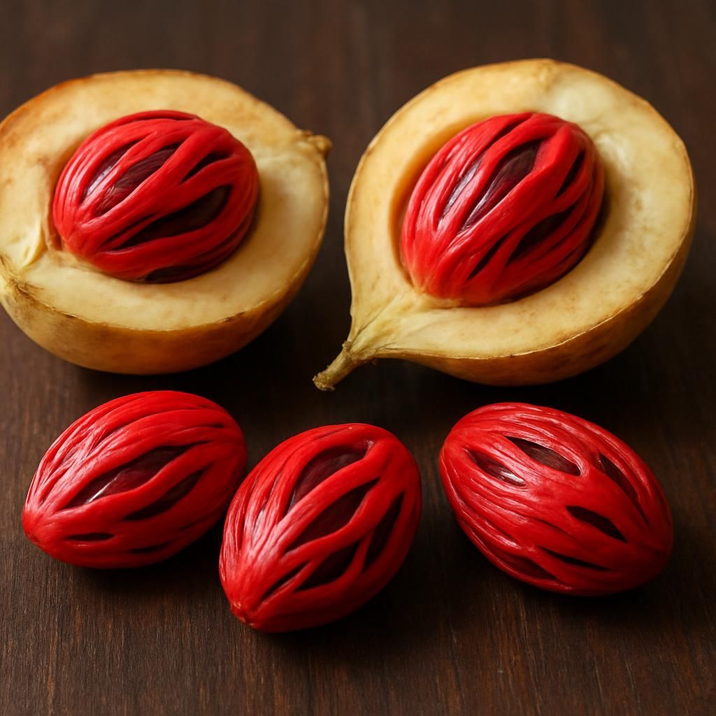 Fresh red mace arils beside split nutmeg fruits on rustic wood