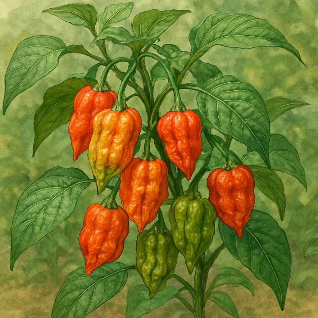 Close-up of Mad Hatter Pepper plant with ripe, vibrantly colored peppers in garden.