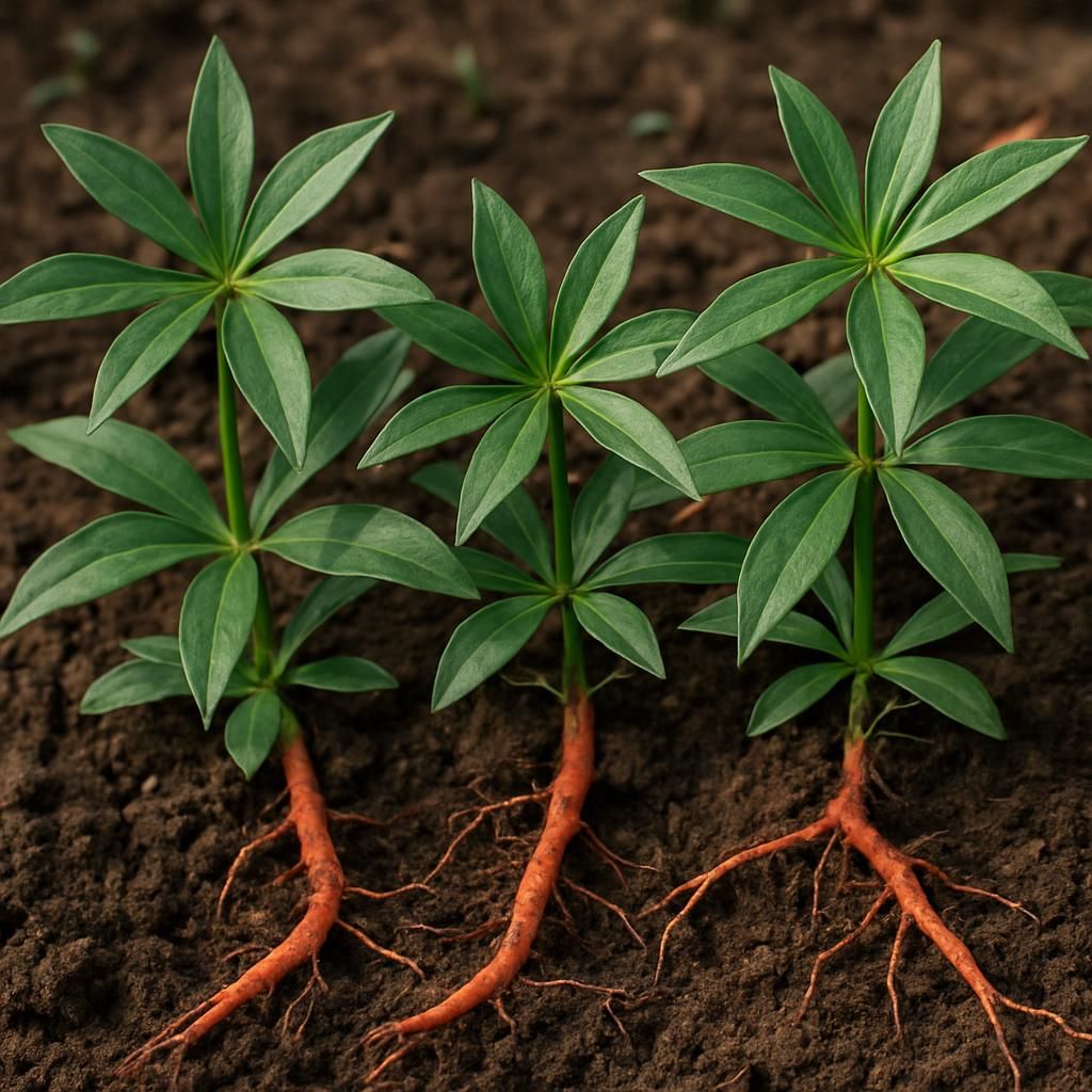 Close-up of madder root plants showing vibrant green foliage and reddish roots in fertile soil