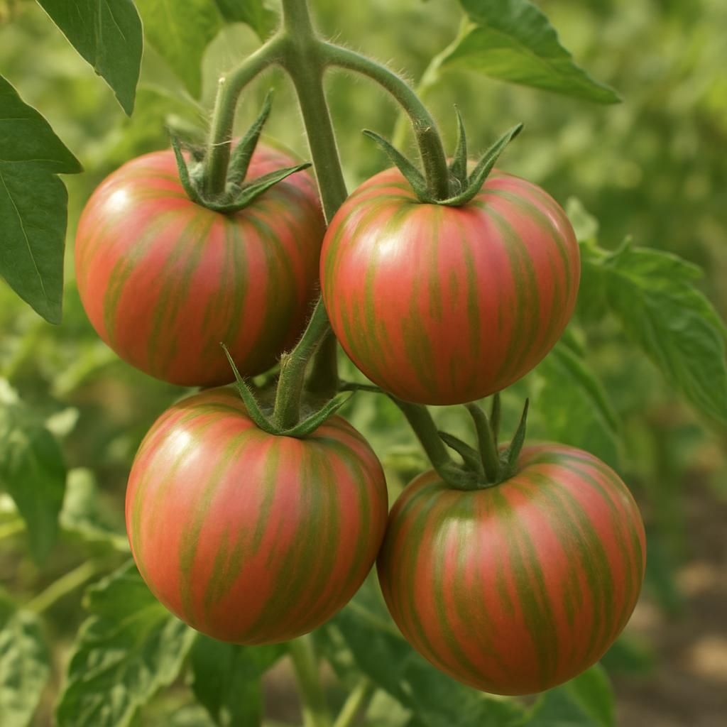 Close-up of ripe Maglia Rosa heirloom tomatoes with pink-green stripes on the vine