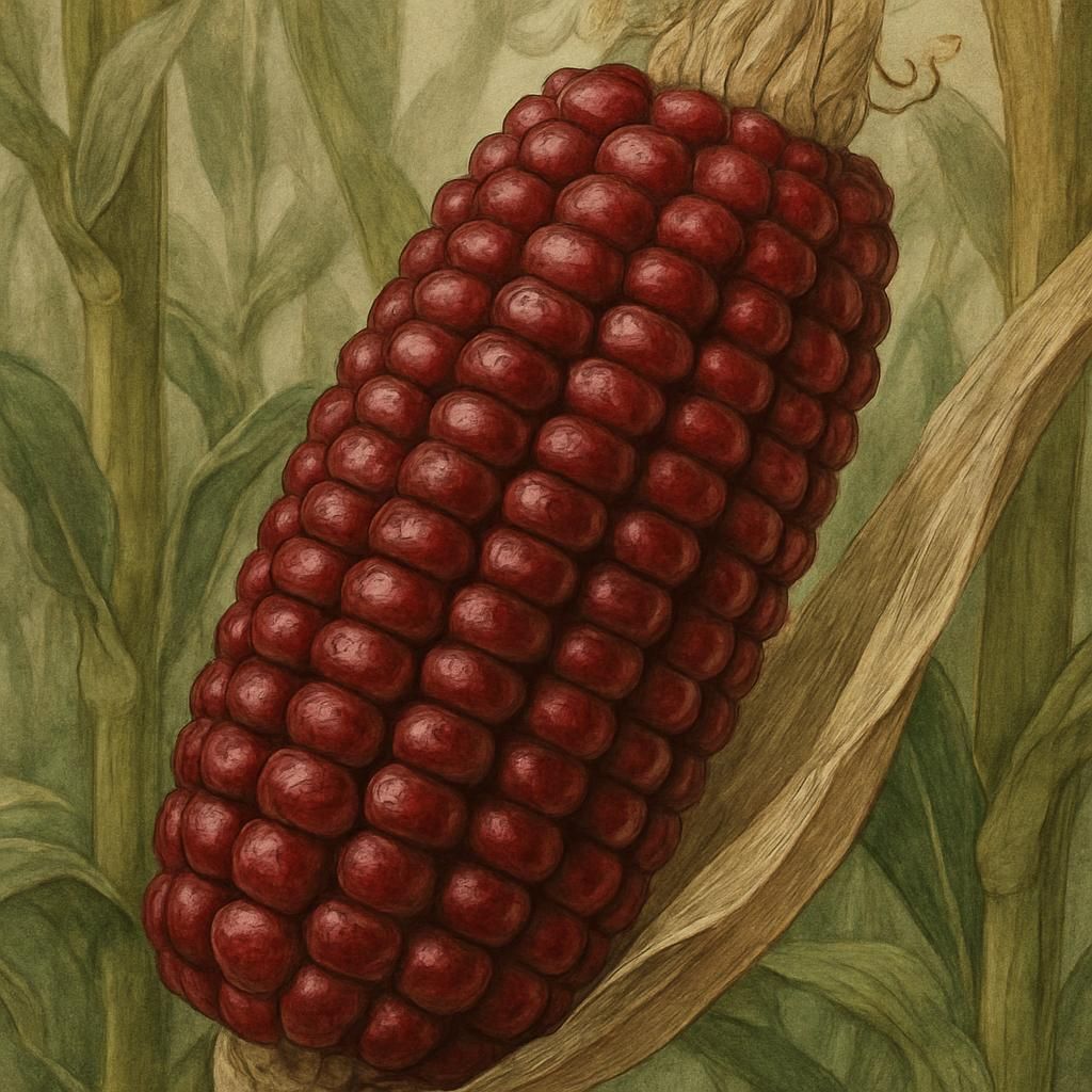 Close-up image showcasing vibrant red kernels of Bloody Butcher Maize in a lush green field.