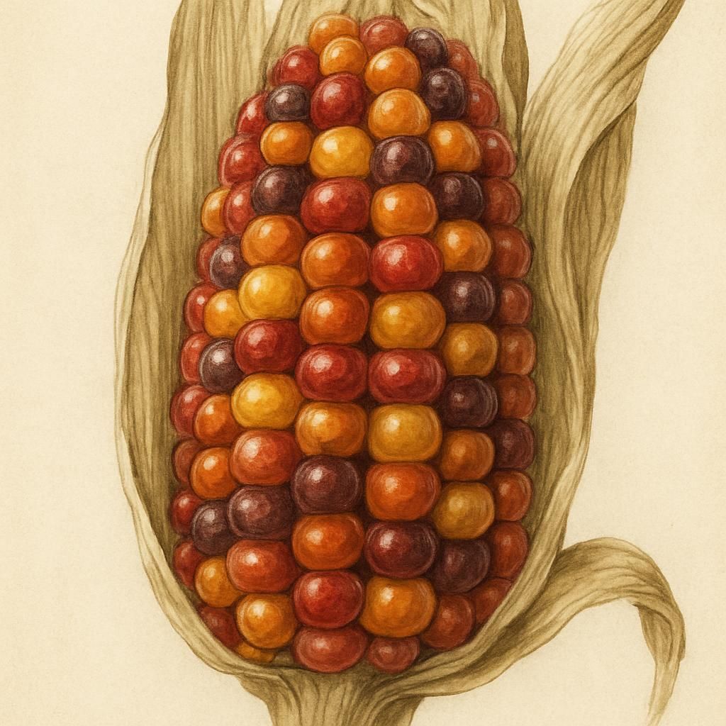Close-up photo of Maize (Bolita) with vibrant golden kernels and lush green foliage.