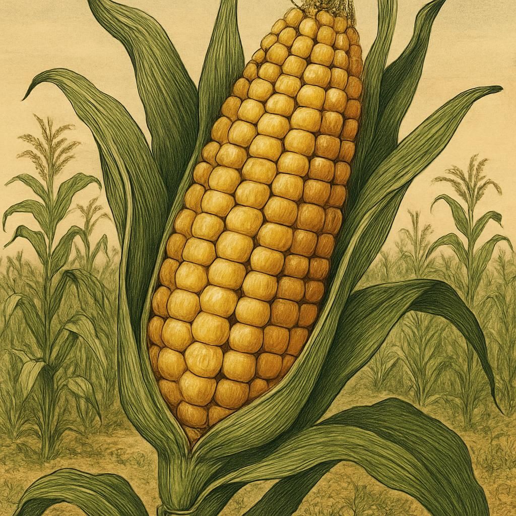 Close-up of Cacahuacintle maize with large, white kernels, in a farm field.