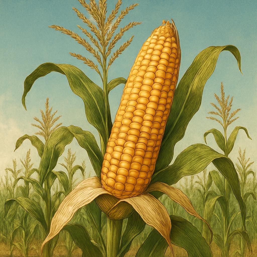Close-up of Chulpi Corn plants with golden kernels in a sunlit cornfield.