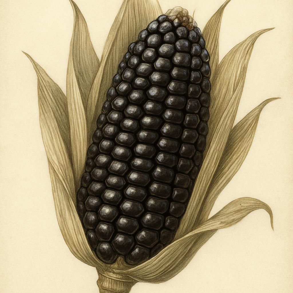 Close-up of Dakota Black Popcorn with rich, dark kernels in a field setting.