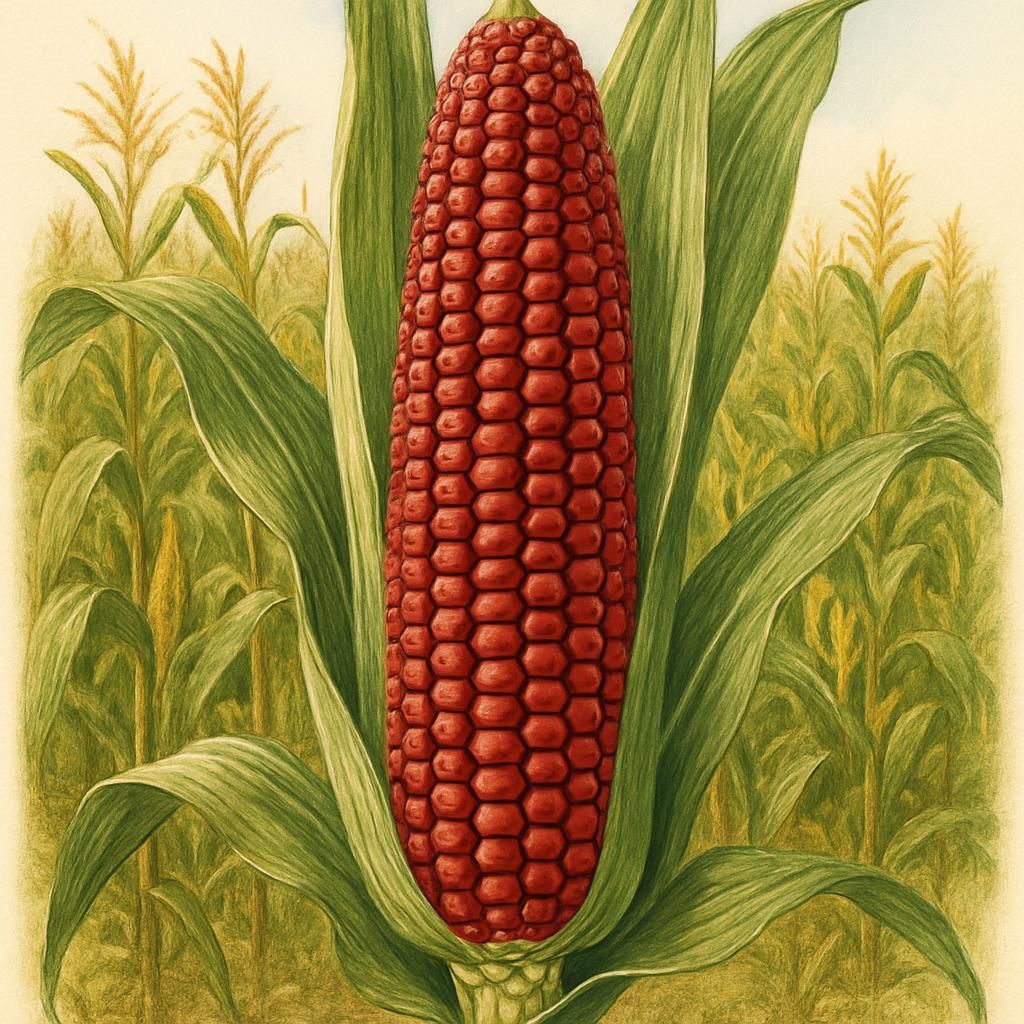 Closeup of Floriani Red Flint Maize ears showcasing bright red kernels in natural setting.