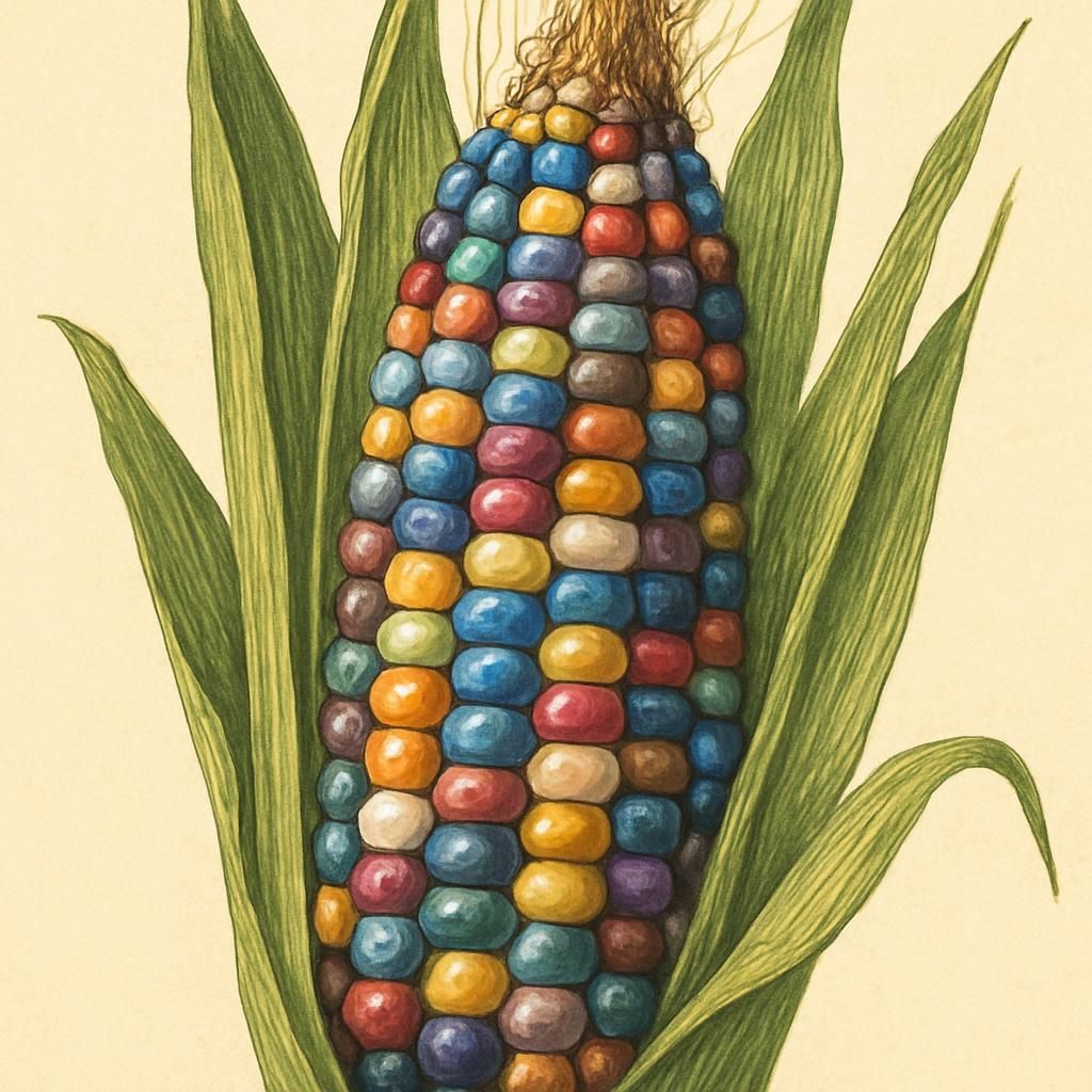 Close-up of multicolored Glass Gem Corn kernels in a farm setting.