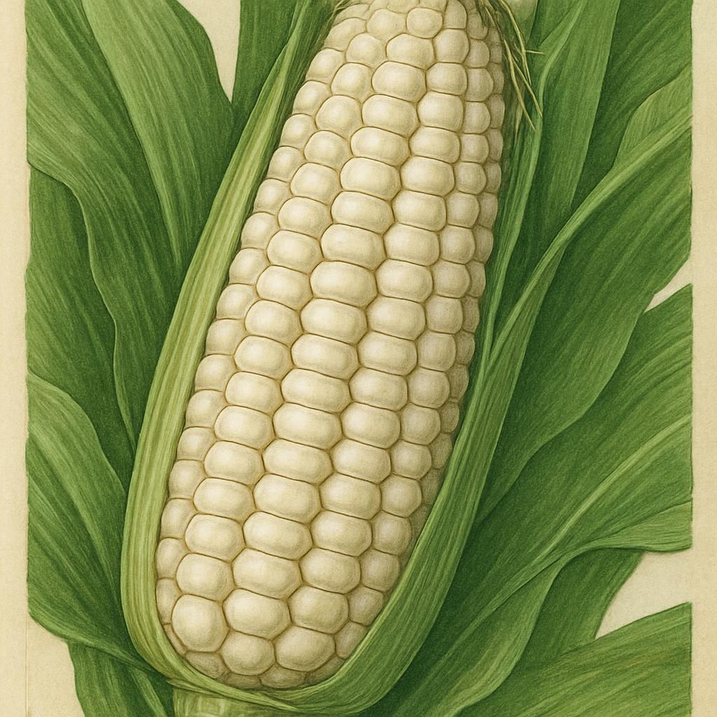 A detailed close-up of Hickory King maize showing large, white kernels amid lush green leaves.