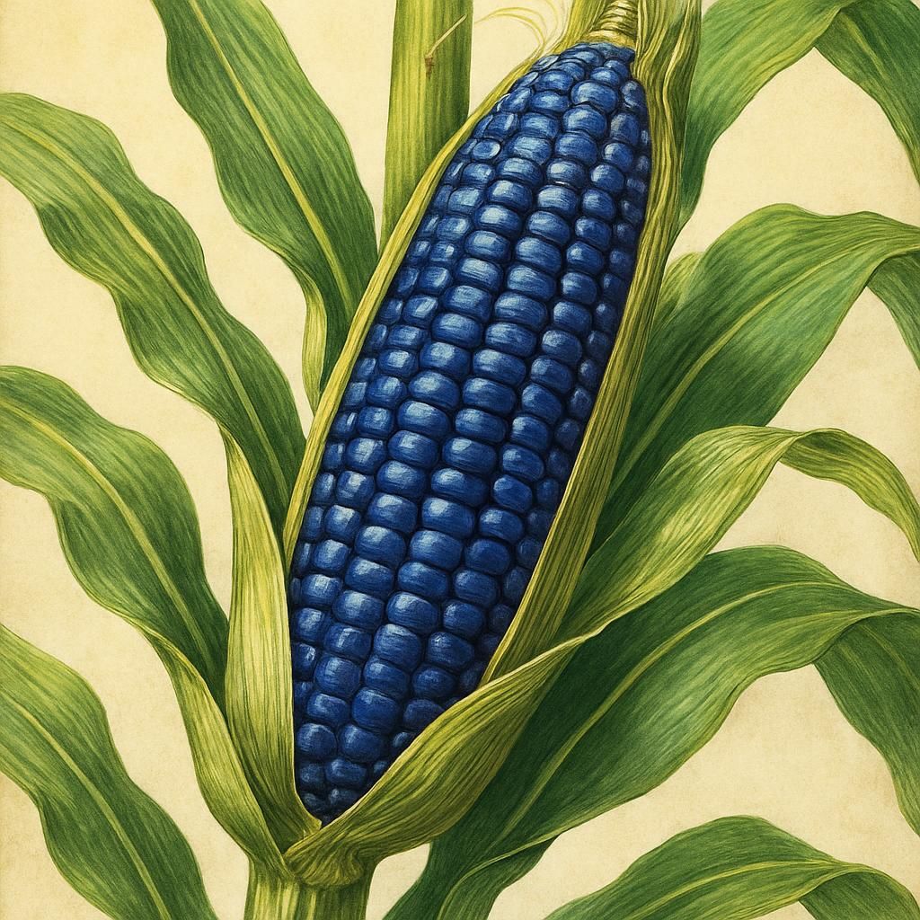 Close-up of vibrant blue kernels on Hopi Blue Corn plants in a sunny cornfield.