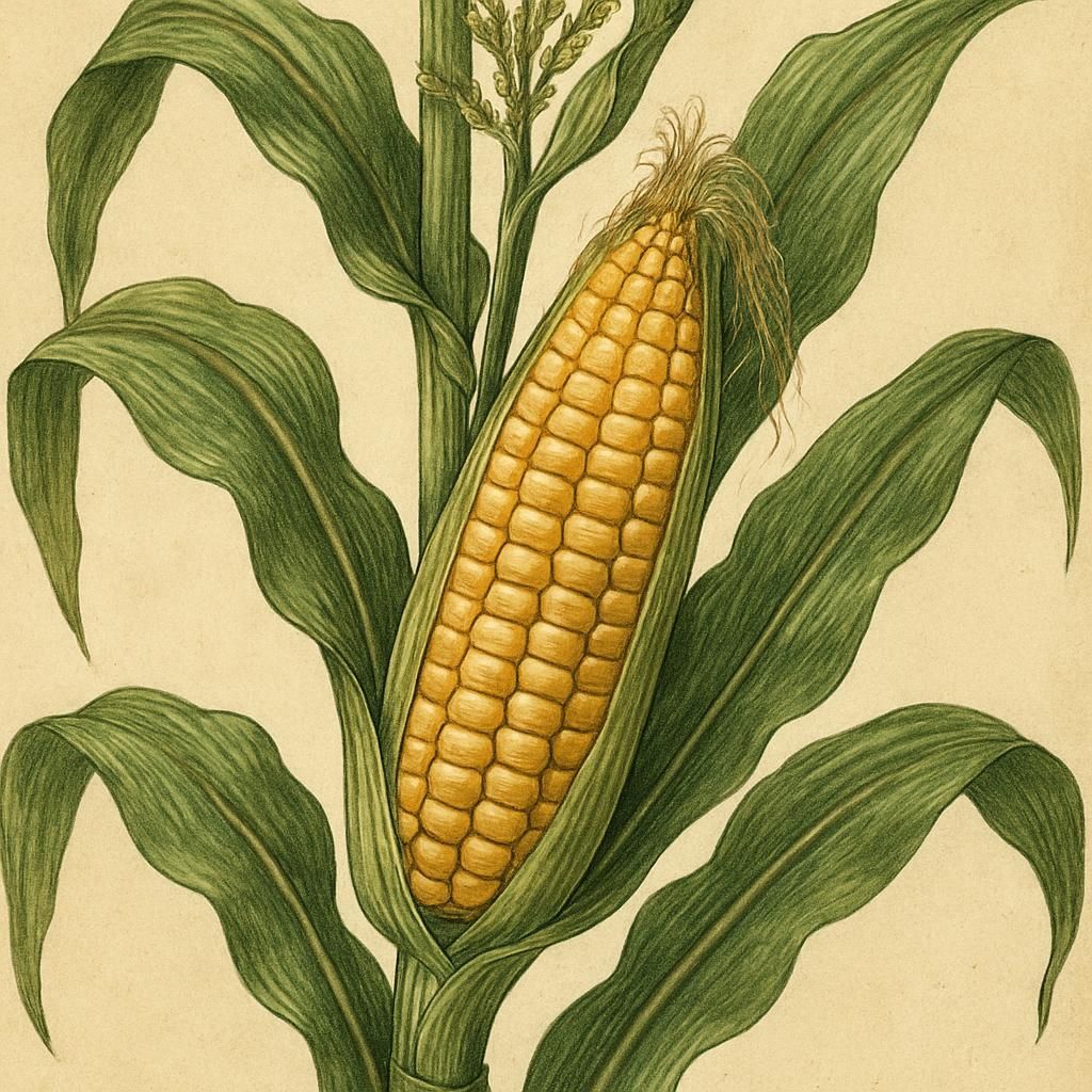 Close-up of Jala Giant maize with tall stalks and large kernels against a sunny backdrop.