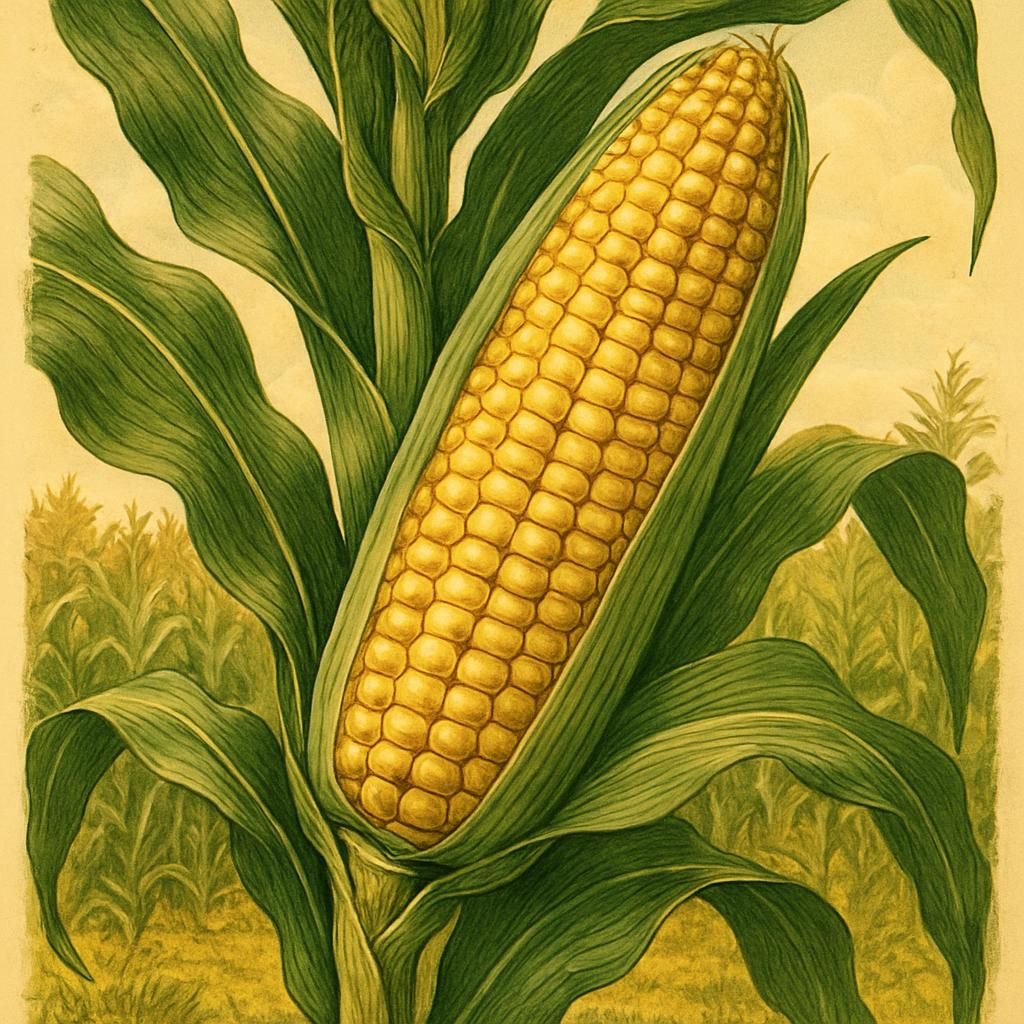 Close-up of Maize (Krakatit) with lush green leaves and mature golden kernels.