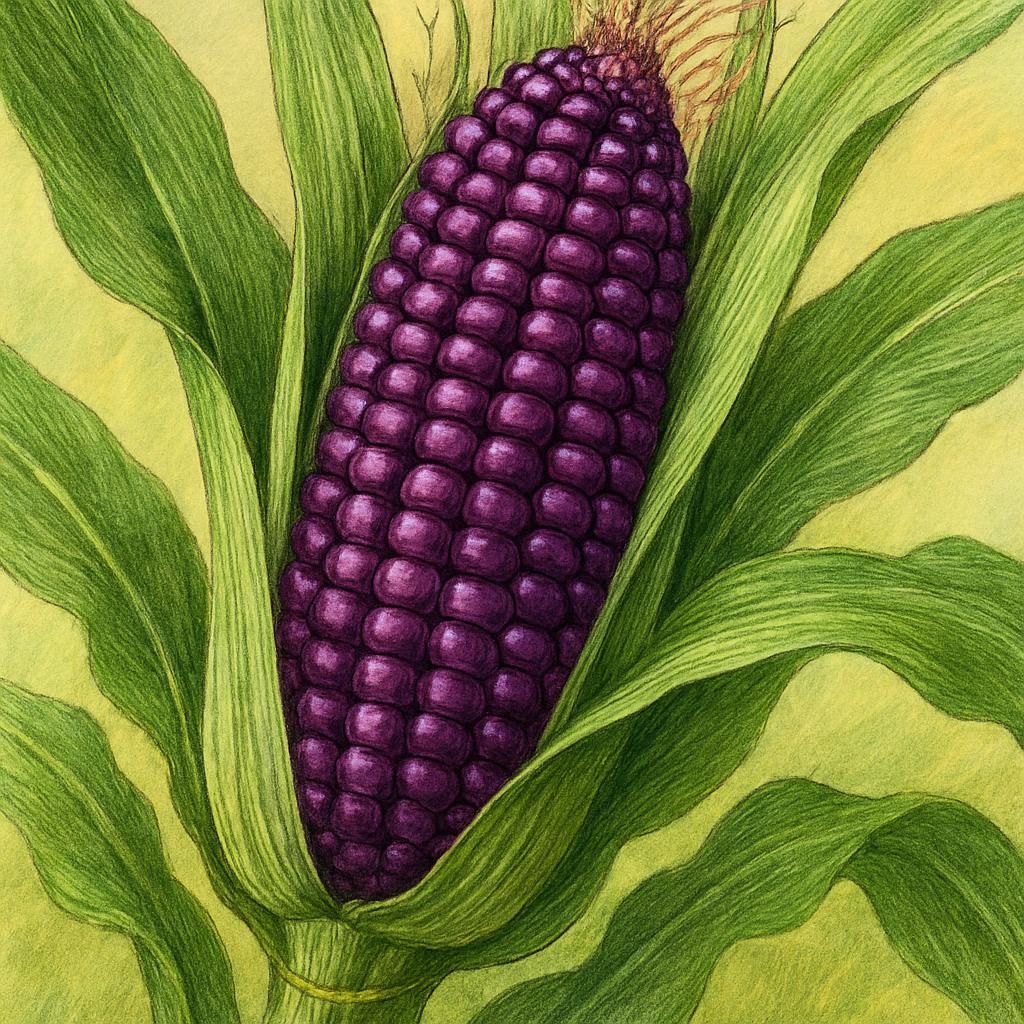 Close-up of vibrant purple kernels of Morado maize in the field, showcasing its rich color.