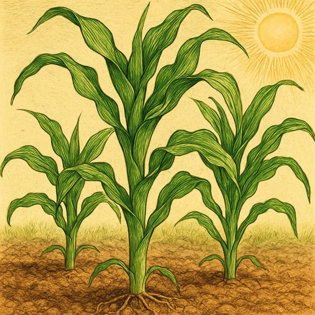 Close-up of maize cultivation showing healthy green leaves and sunlit stalks.