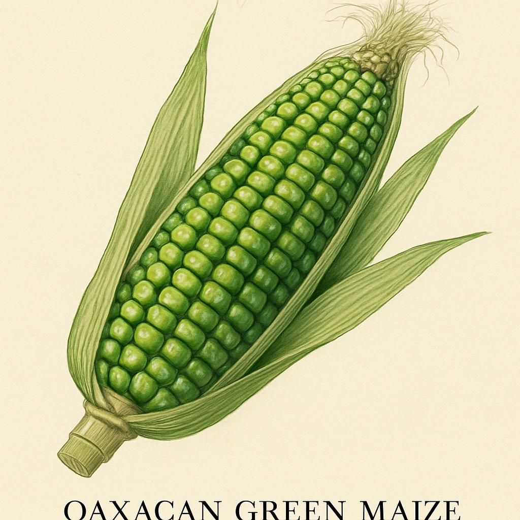 Close-up of vibrant Oaxacan Green maize kernels in a field.
