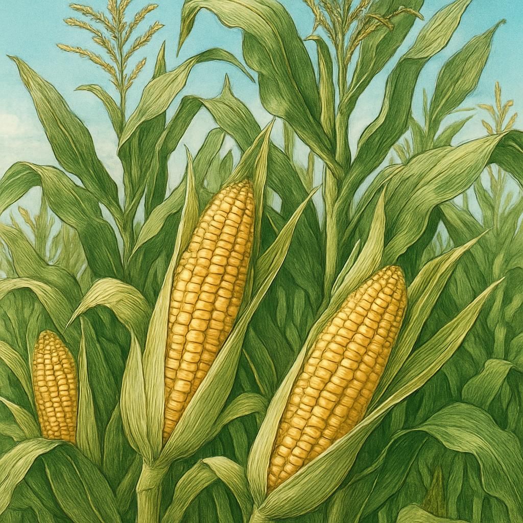 Close-up of a healthy maize field with ears of corn under a blue sky.