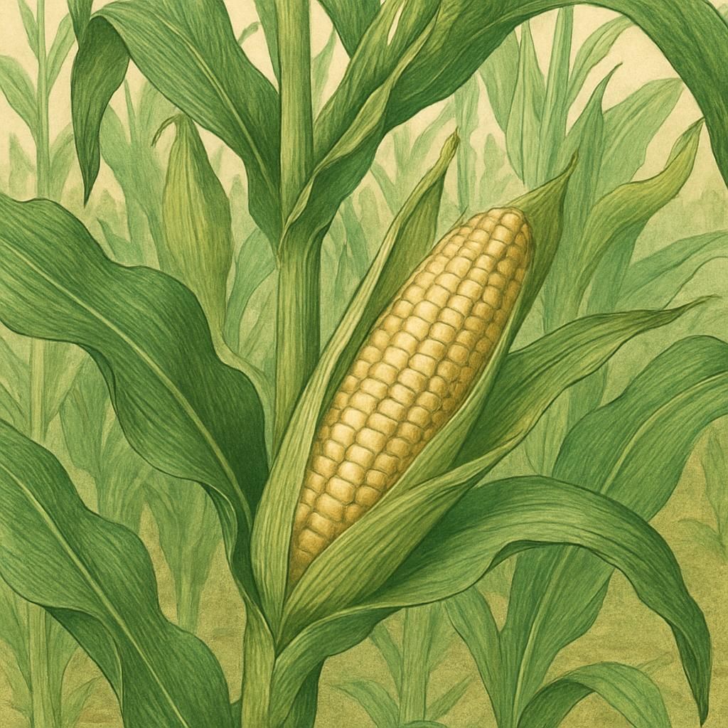Close-up of Pennsylvania Dutch Butter maize growing in a sunlit field.