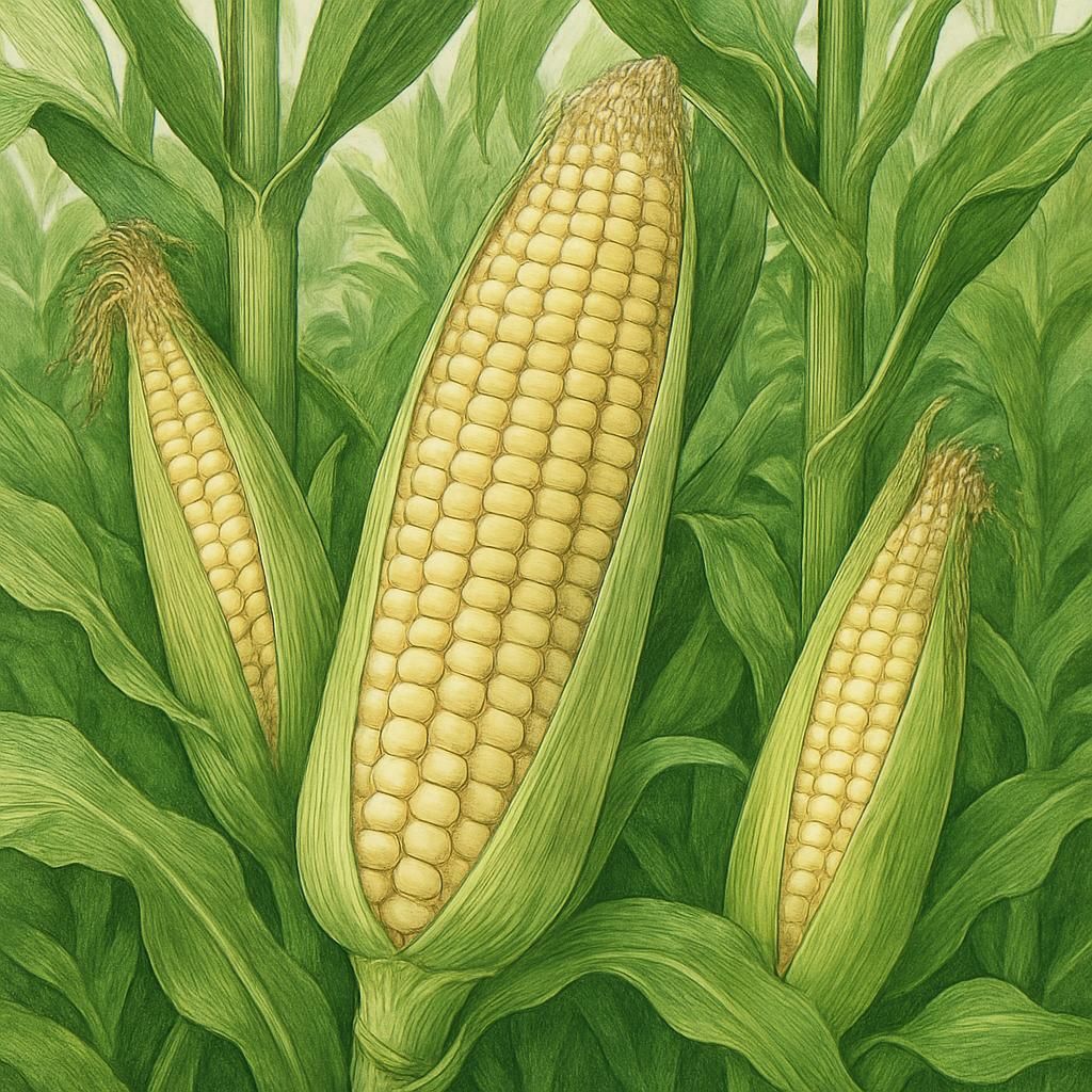 Close-up of Piamonte Corn ears, showing golden kernels and vibrant green husks in a field.