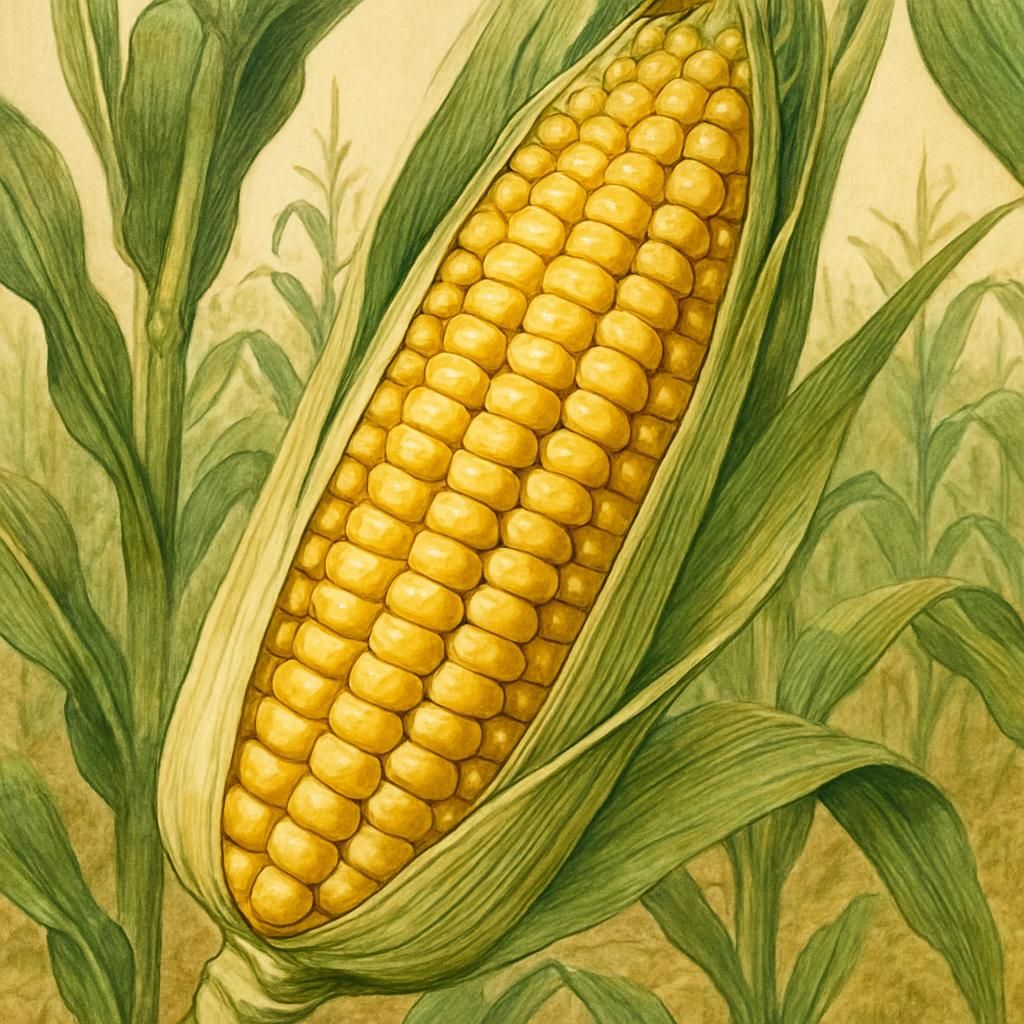 Close-up shot of Reid's Yellow Dent corn ears displaying their signature dented yellow kernels.