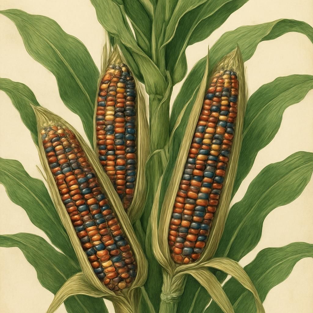 Close-up of Roy's Calais Flint maize with vibrant kernels on a plant.