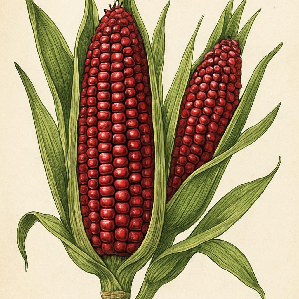 Close-up of Strawberry Popcorn maize showcasing its red kernels and distinctive cobs.