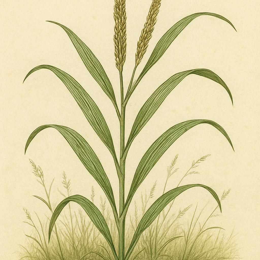 Close-up of Balsas teosinte with narrow leaves and distinctive spikes in a field setting.