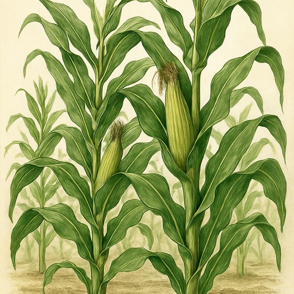 Close-up of Tuxpeño maize plants in a field with visible ears and lush foliage.