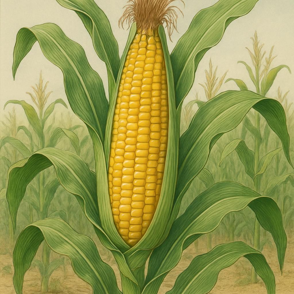 Close-up of Maize (Zapalote Chico) with vibrant kernels and short stalks in a sunlit field.