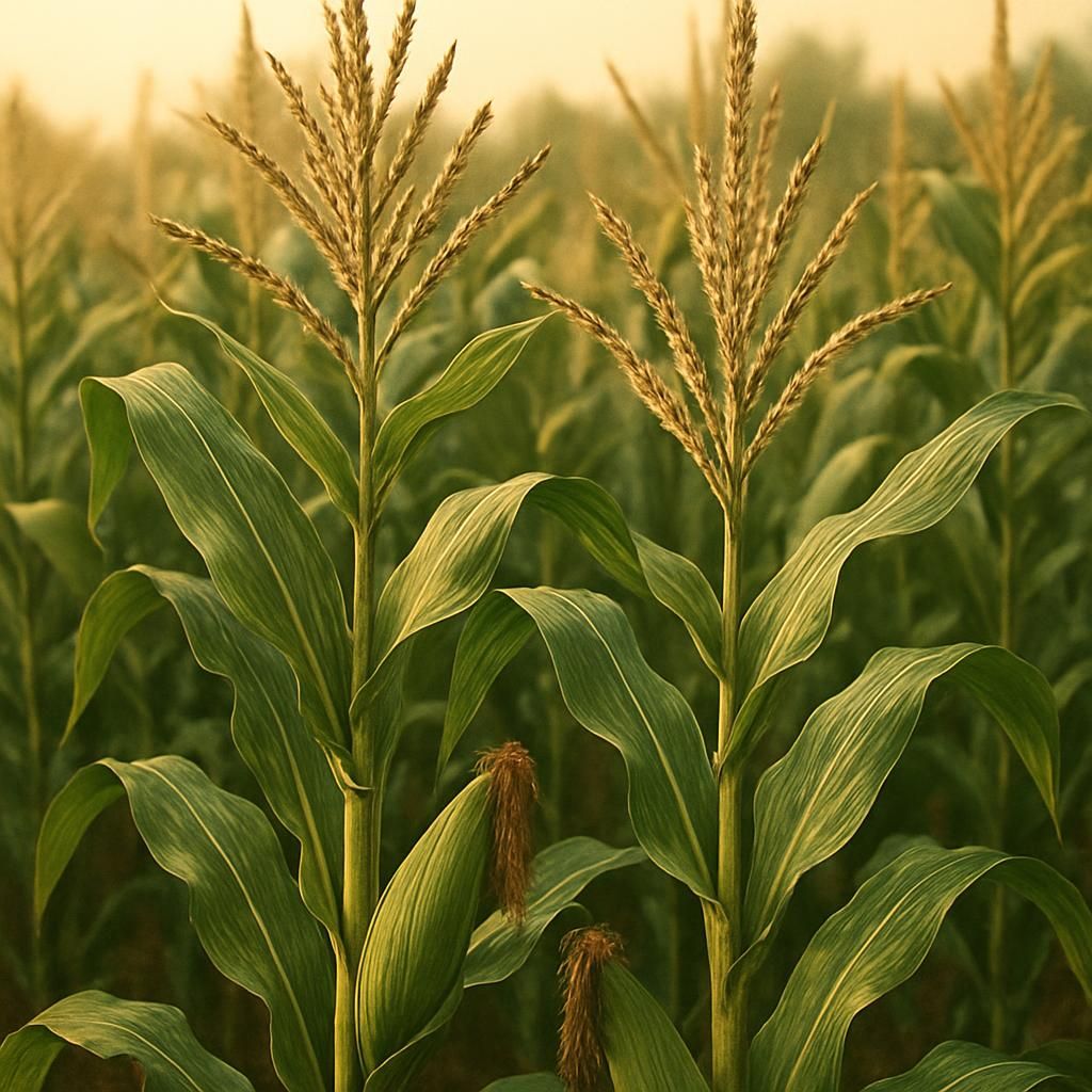 Close-up of maize tassels and developing ears in a commercial field under golden sunlight