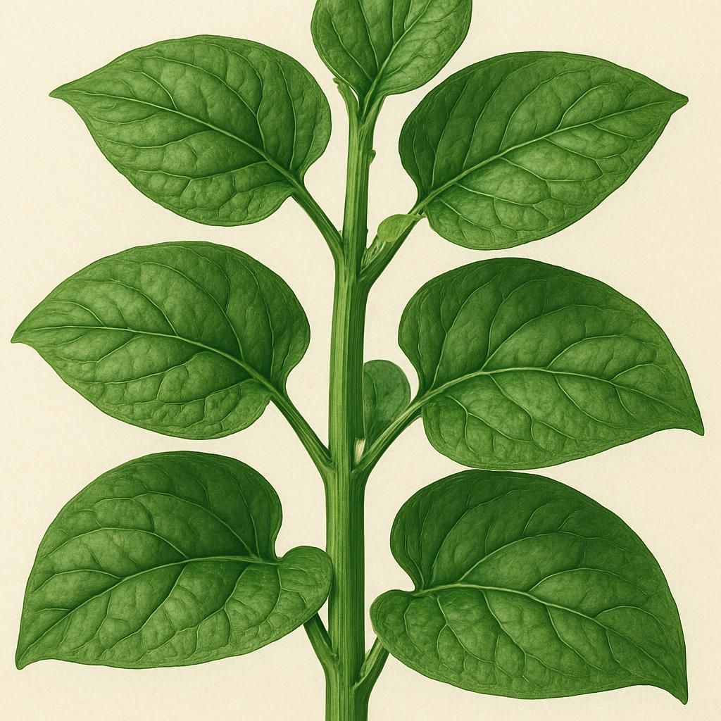 Close-up of Malabar Spinach (Green Stem) with lush green leaves and a vibrant stem.