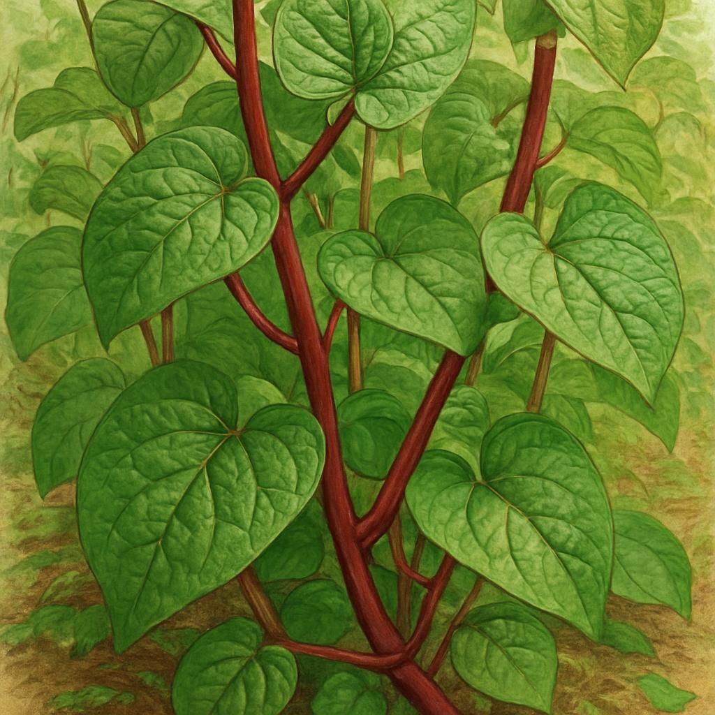 Close-up of Malabar Spinach with vibrant red stems and lush green leaves in a garden.