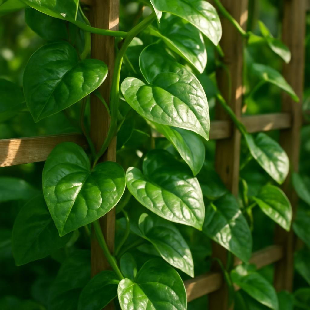 Close-up of healthy Malabar spinach vines with glossy green leaves on a trellis in sunlight