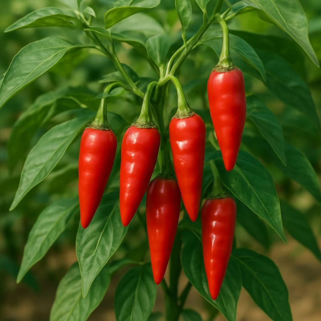 Close-up of ripe red Malagueta peppers growing on a lush plant in sunlight