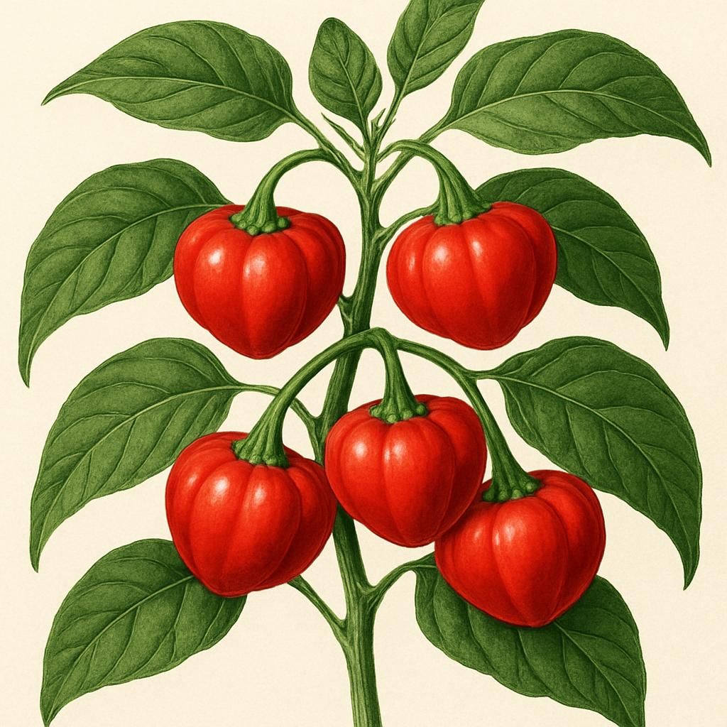 Close-up of bright red Malawi Peppadew peppers on a plant, highlighting their vibrant color and lush foliage.