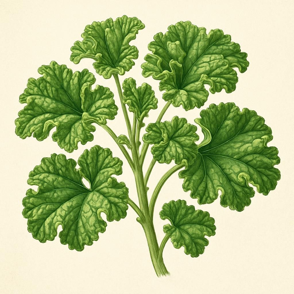 Close-up of curly green leaves of Mallow (Curled) plant.